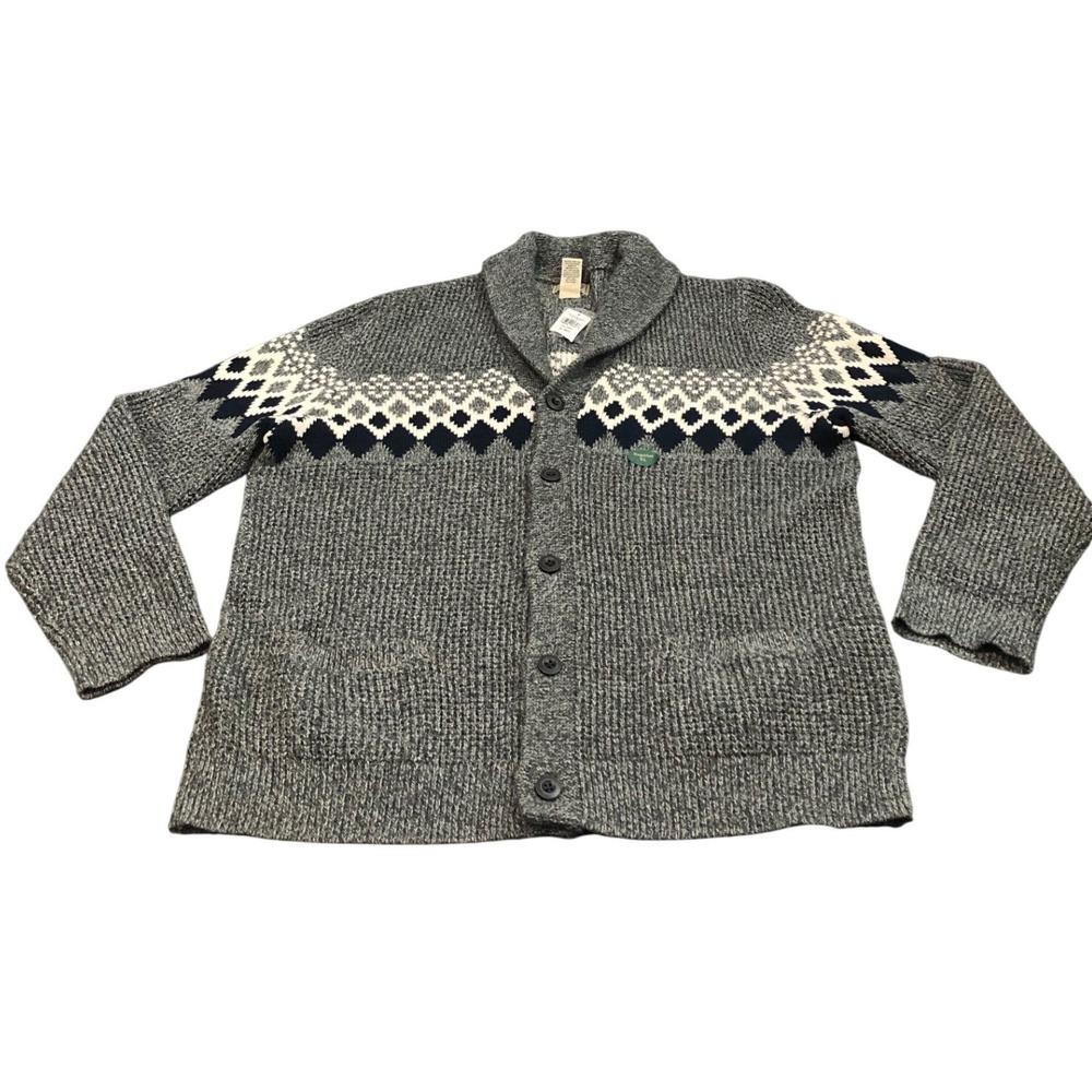 LL Bean Cardigan Sweater Mens XL Gray Organic Cotton Fair Isle Shawl Neck